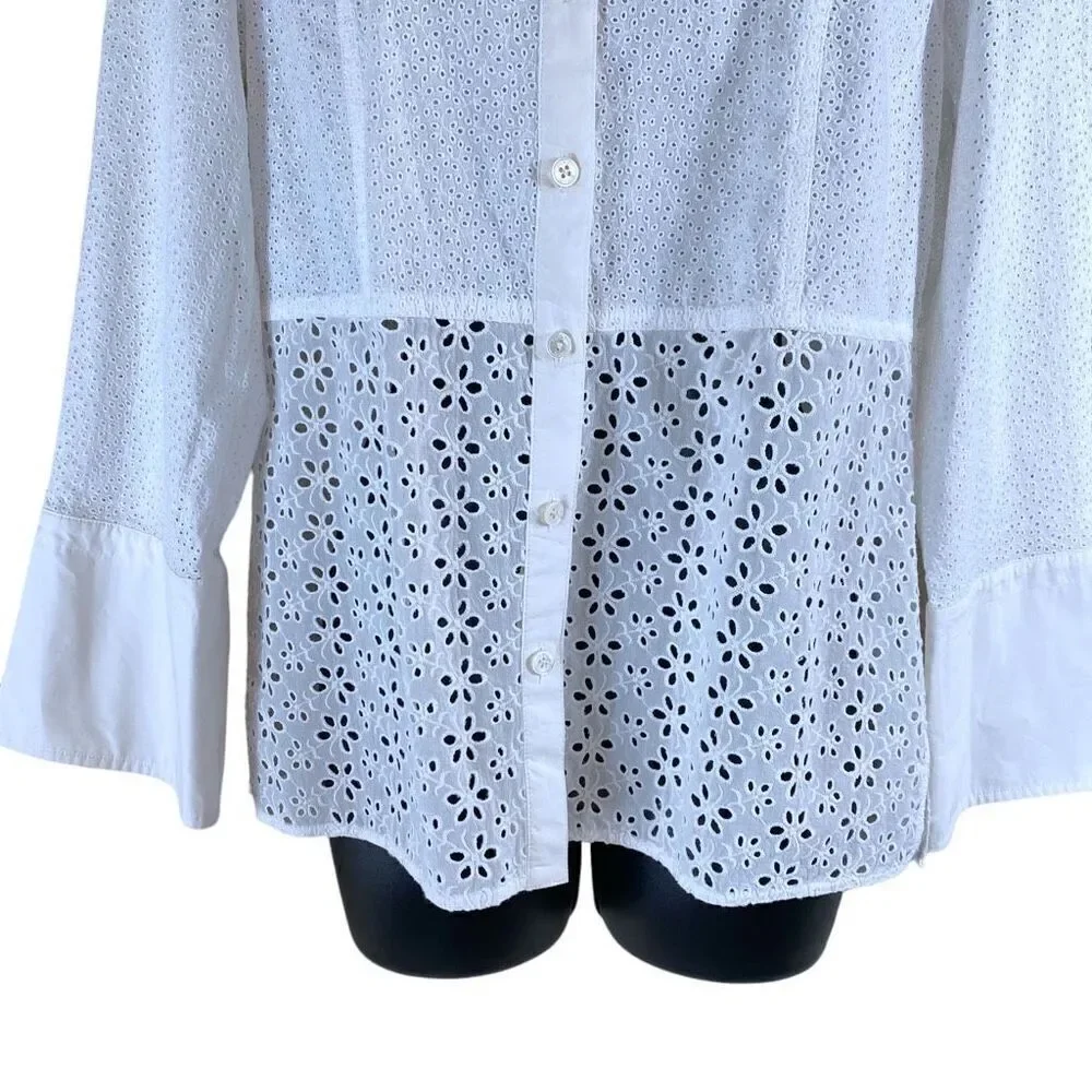 Tory Burch Ivory Eyelet Patchwork Button Down 3/4 Sleeve Shirt